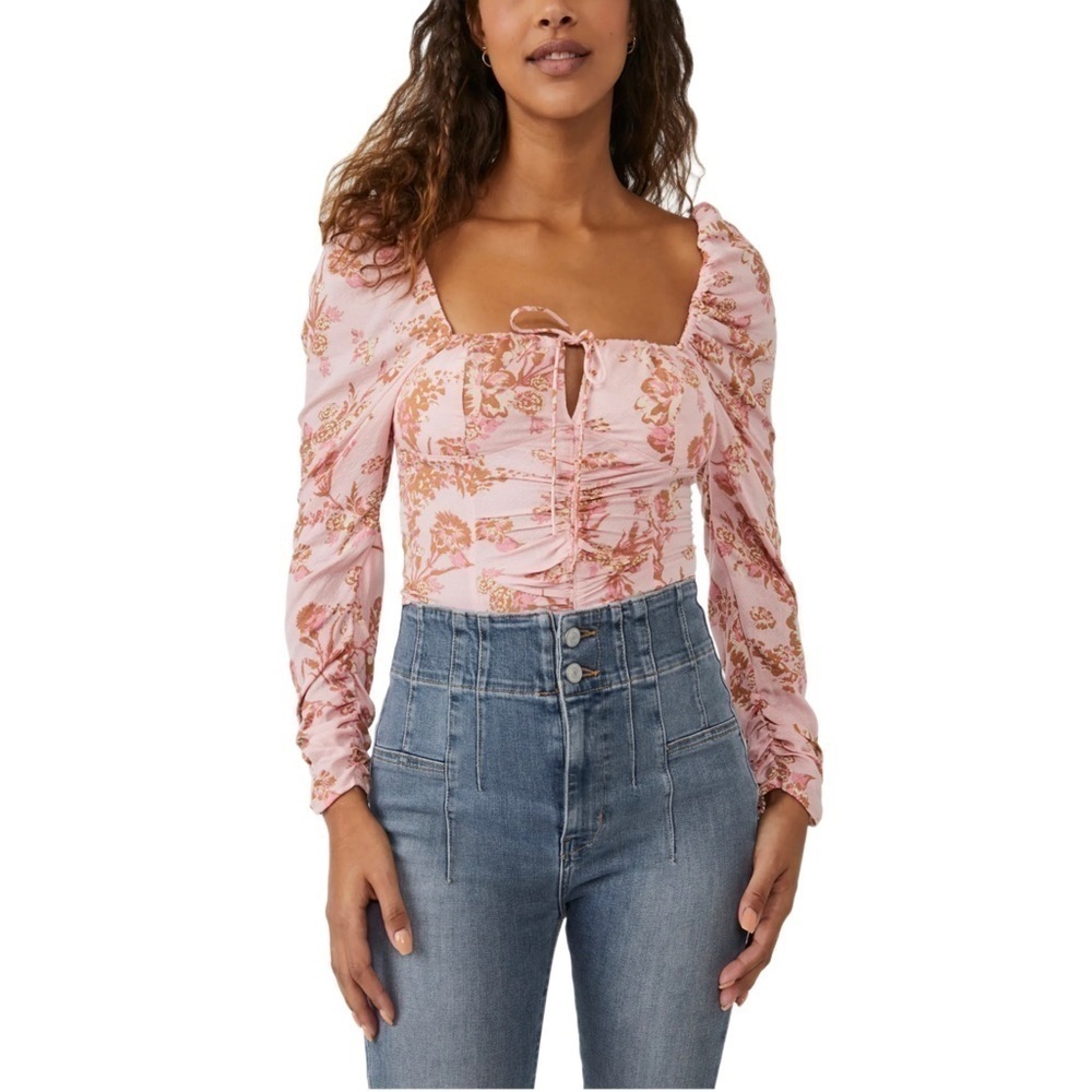 Free People Hilary Printed Floral Peep Hole Blouse Small